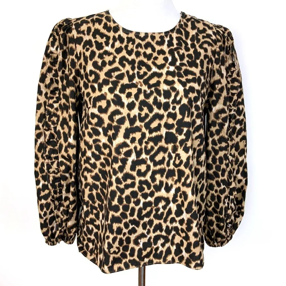 J. Crew Cotton Leopard Print Long Ruffle Trim Sleeves Blouse Sz S